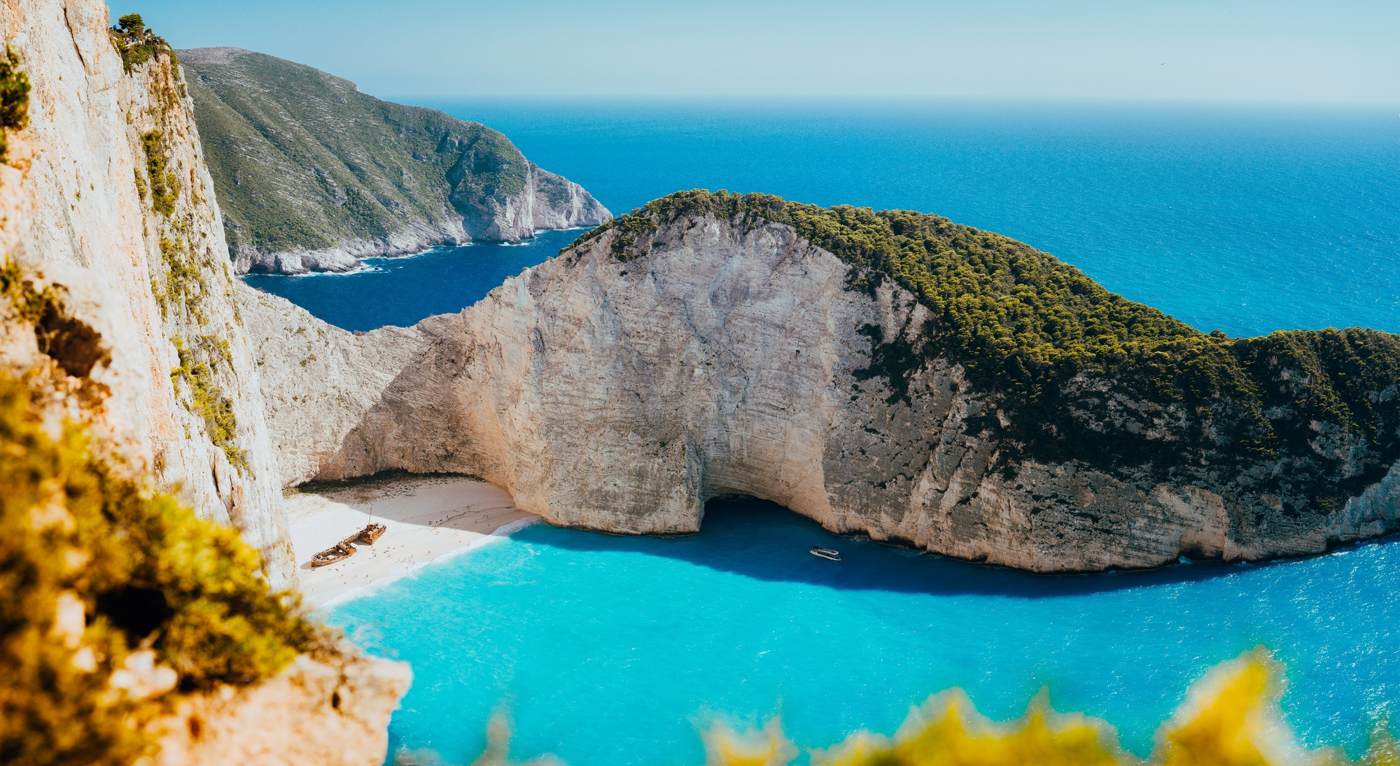 Panoramic view of Navagio beach, Zakynthos island, Greece. Shipwreck bay with turquoise water and